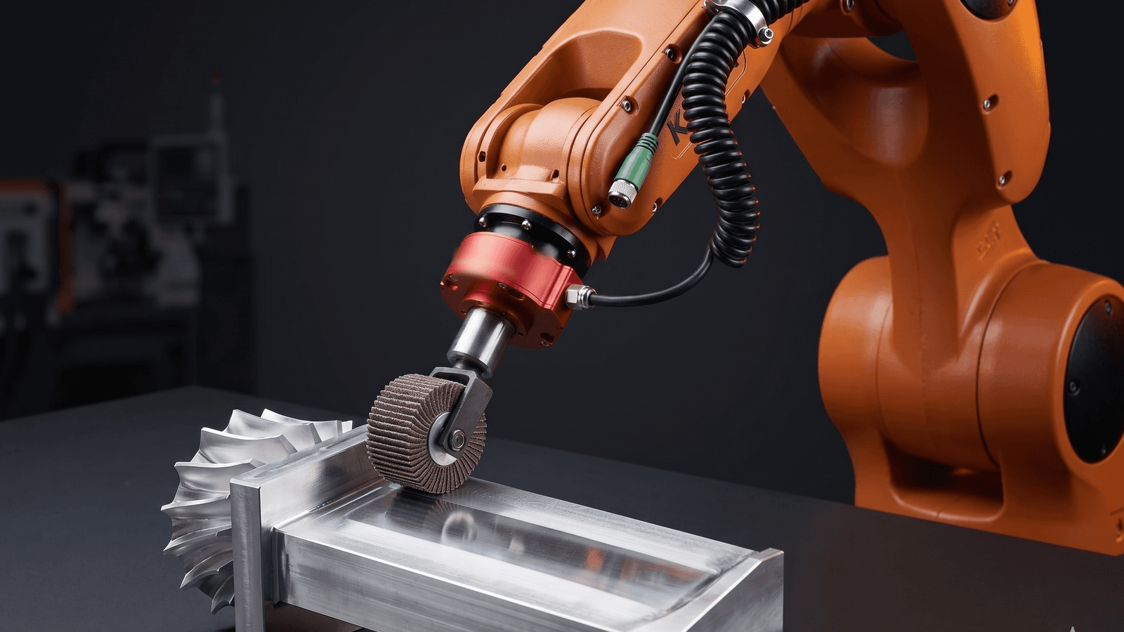 KUKA industrial arm with AXIOM sensor at the wrist driving a flap-wheel tool across an aluminium turbine blade in a force-controlled deburring pass