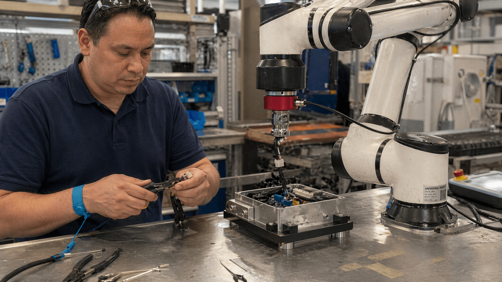 Technician working at a shop-floor assembly cell beside a UR-class cobot with an AXIOM wrist sensor, uncaged collaborative assembly of a harness into an electronic enclosure