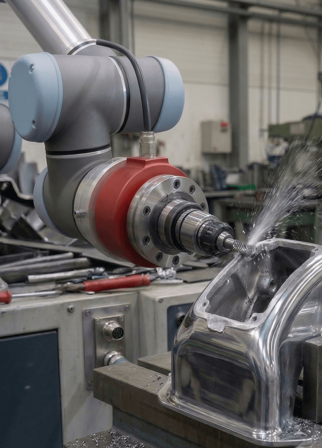 Robot arm with AXIOM sensor performing deburring on metal workpiece